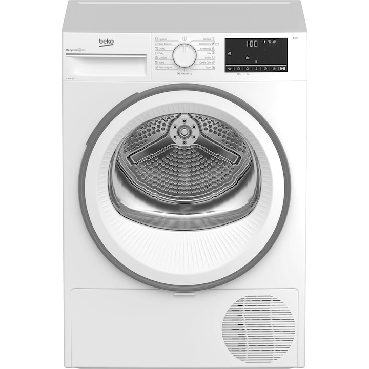 Uscator de rufe Beko B3T69110, Condensare, 9 kg, 15 programe, Clasa B, RecycledDry, Aquawave, Optisense, Hygiene, Alb