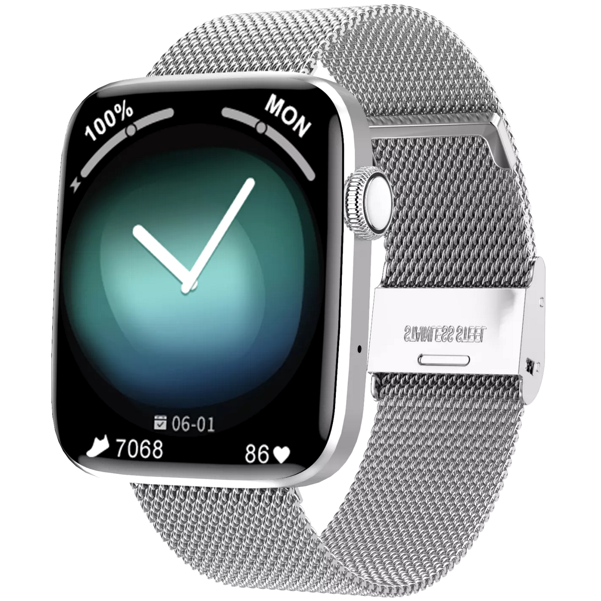 Smartwatch idealStore SportApple, Echipat cu Difuzor si Microfon, Efectuare Apeluri, Traseu GPS, mod multiSport, Senzor Ritm Cardiac, Tensiune, Nivel Oxigen, Ecran Curbat, Curea Metalica Silver