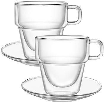 Set 2 cesti si 2 farfurioare, Quasar & Co., cana 250 ml cu pereti dubli, farfurioara 10.5 cm, termorezistenta, transparent Set 2 cesti si 2 farfurioare, Quasar & Co., cana 250 ml cu pereti dubli, farfurioara 10.5 cm, termorezistenta, transparent