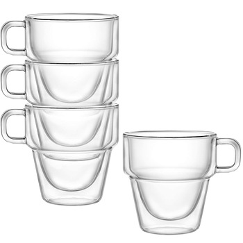 Set 4 cesti cu pereti dubli Quasar & Co. suprapozabile, sticla termorezistenta, transparente, 250 ml Set 4 cesti cu pereti dubli Quasar & Co. suprapozabile, sticla termorezistenta, transparente, 250 ml