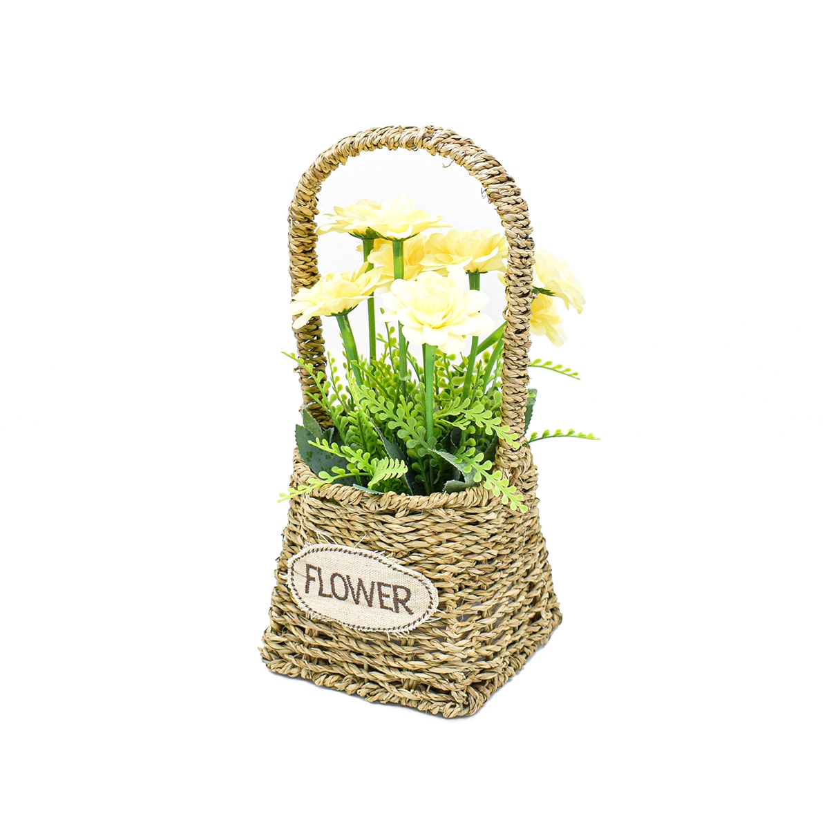 Aranjament floral in cosulet de ratan, D2855, 32x15cm, galben