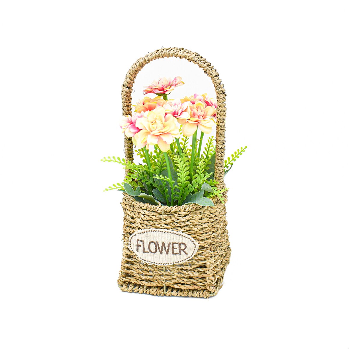 Aranjament floral in cosulet de ratan, D2855, 32x15cm, crem/roz