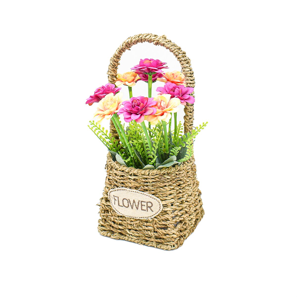 Aranjament floral in cosulet de ratan, D2855, 32x15cm, crem/mov