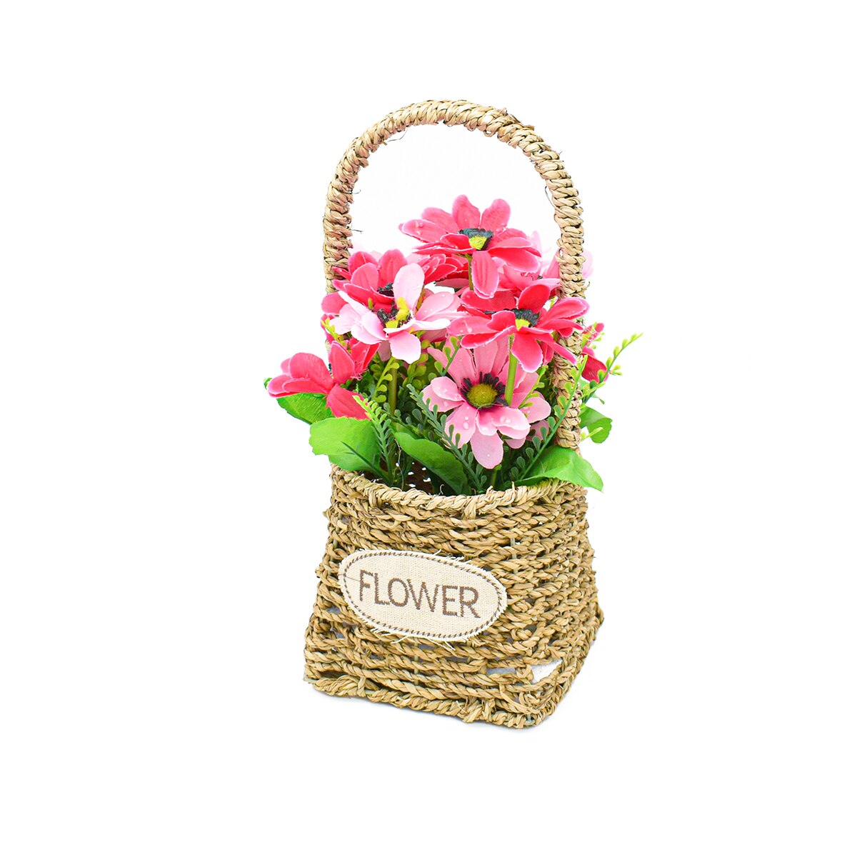 Aranjament floral in cosulet de ratan, D2855, 32x15cm, rosu/roz