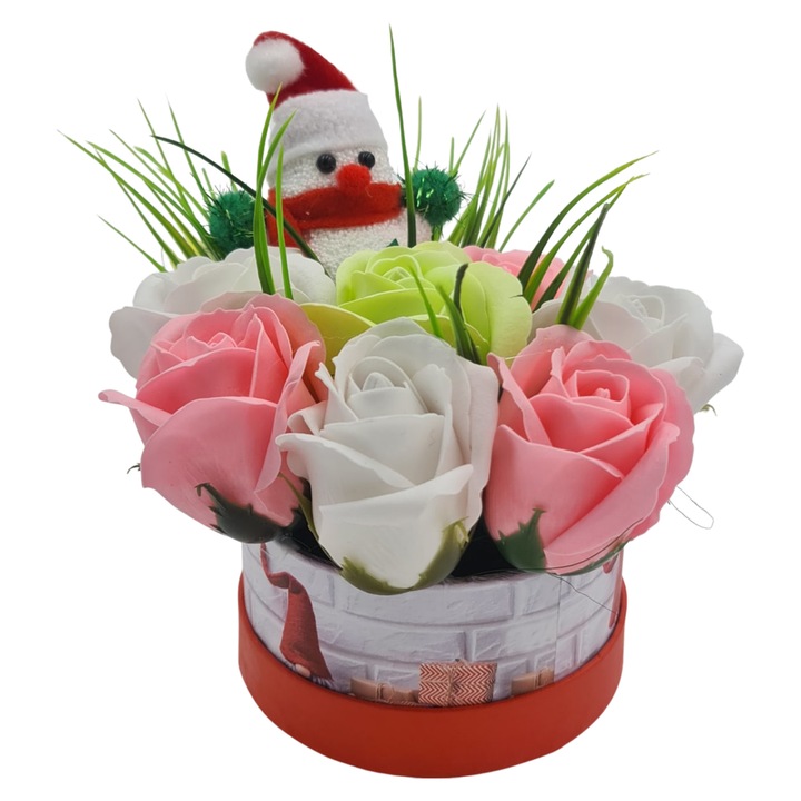 Специална флорална композиция, Коледа, 7 рози, малък снежен човек, Dalimag