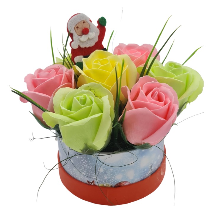 Aranjament floral deosebit, Craciun, 7 trandafiri, mos craciun 1, Dalimag