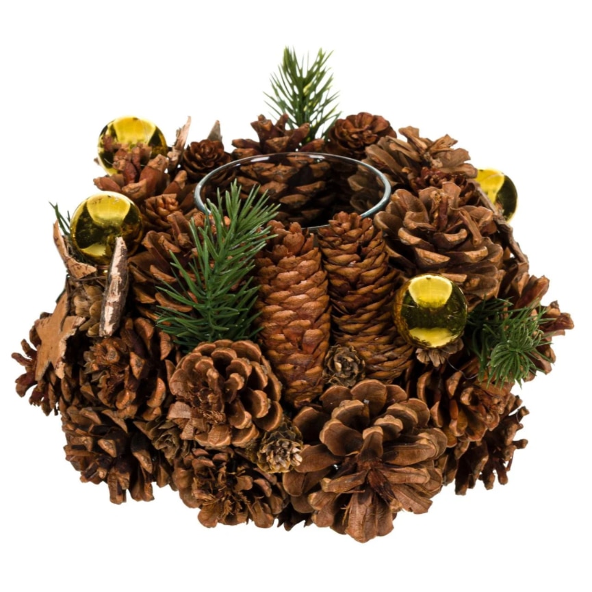 Decoratiune de pus pe masa, de Craciun, Zola®, rotund din conuri, cu suport pentru lumanare, 20x14 cm