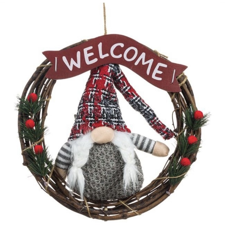 Coronita decorativa din lemn cu Mos Craciun Gnom si Impletituri cu mesaj Bun venit, 35 cm