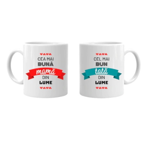Set cani albe personalizate pentru parinti, ”Cea mai buna mama” ”Cel mai bun tata” , 330 ml