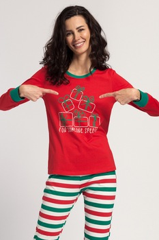 Sofiaman, Pijama cu pantaloni lungi si model tematic de Craciun, Alb/Rosu vermilion/Verde persan Sofiaman, Pijama cu pantaloni lungi si model tematic de Craciun, Alb/Rosu vermilion/Verde persan