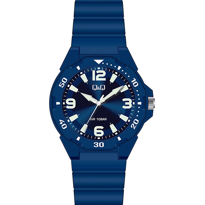 Q&Q analóg férfi karóra, kék színű műanyag tok, kék műanyag szíj, arab számos kék számlap, ásványüveg, quartz szerkezet, 100 m (10 ATM) vízállóság - VS44J009Y