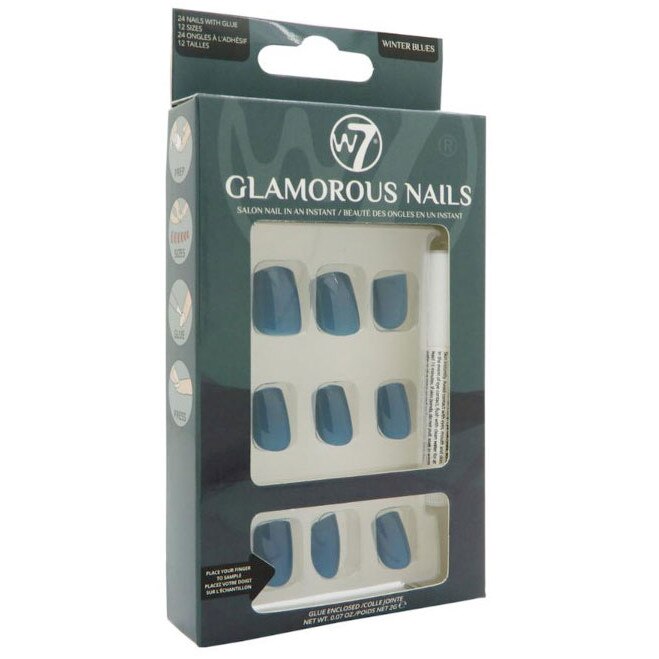 Kit 24 Unghii False W7 Glamorous Nails, Winter Blues, cu adeziv inclus si pila de unghii