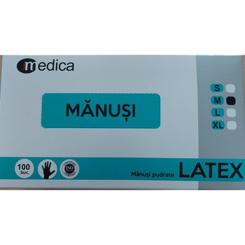 Manusi latex Medica, pudrate, marimea M - 100 Buc Manusi latex Medica, pudrate, marimea M - 100 Buc