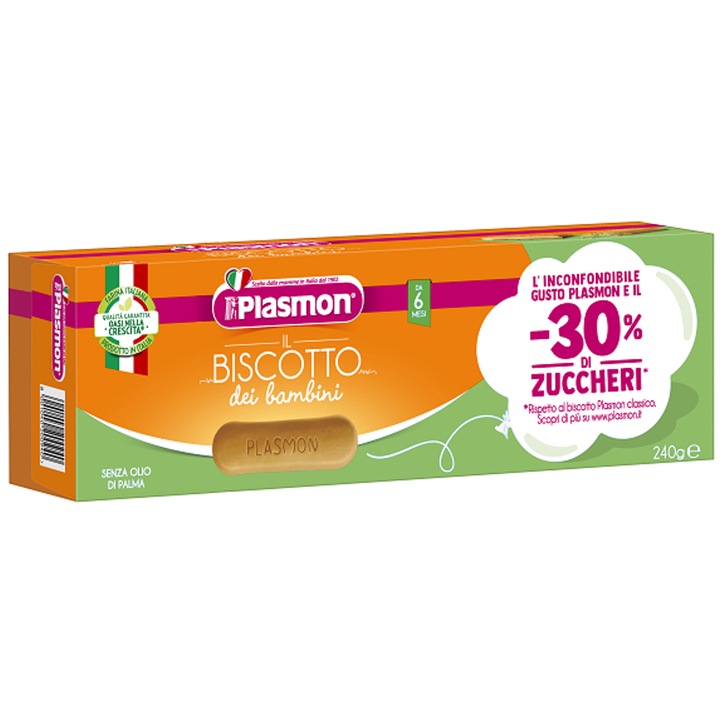 Biscuiti pentru bebelusi Plasmon, Continut redus de zahar 30%, 6 luni+, 240 g