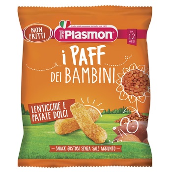Pufuleti pentru bebelusi Plasmon, Linte si cartofi, 12 luni+, 15 g Pufuleti pentru bebelusi Plasmon, Linte si cartofi, 12 luni+, 15 g