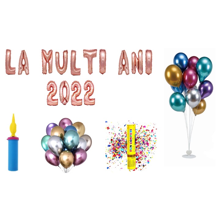 Születésnapi lufi szett 2022, tortalapos ajándék, 75 db, Rosegold