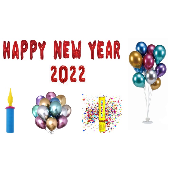 Boldog új évet 2022 lufi készlet, tortalapos ajándék, 77 db, piros