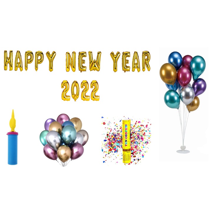 Boldog új évet 2022 lufi szett, tortalapos ajándék, 77 db, arany