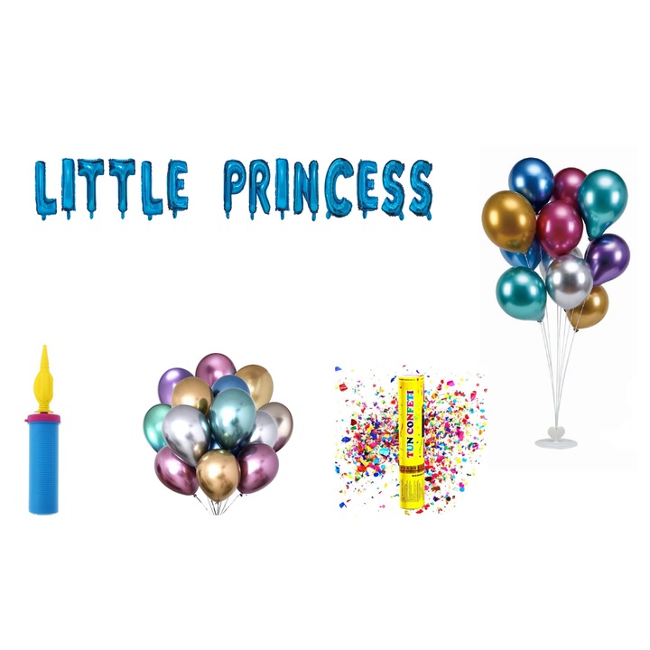 Kis hercegnő lufi szett, tortalapos ajándék, 75 db, kék