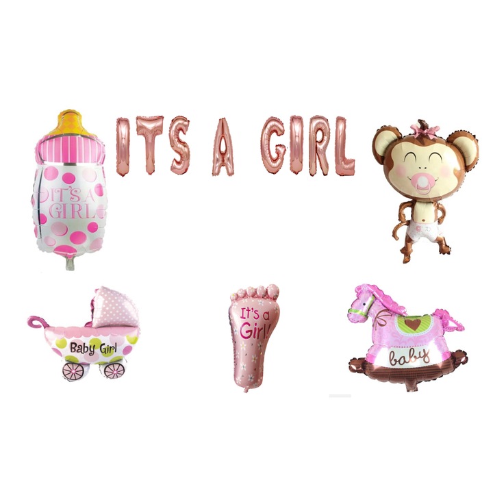 Set Baloane Its A Girl , Cake Topper Cadou , 18 Buc , Rosegold