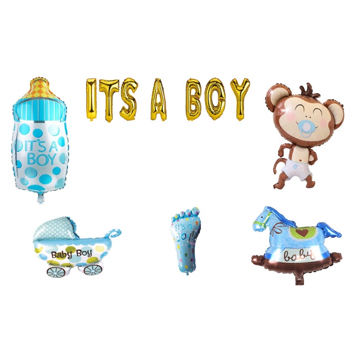 Set Baloane Its A Boy , Cake Topper Cadou , 17 Buc , Auriu