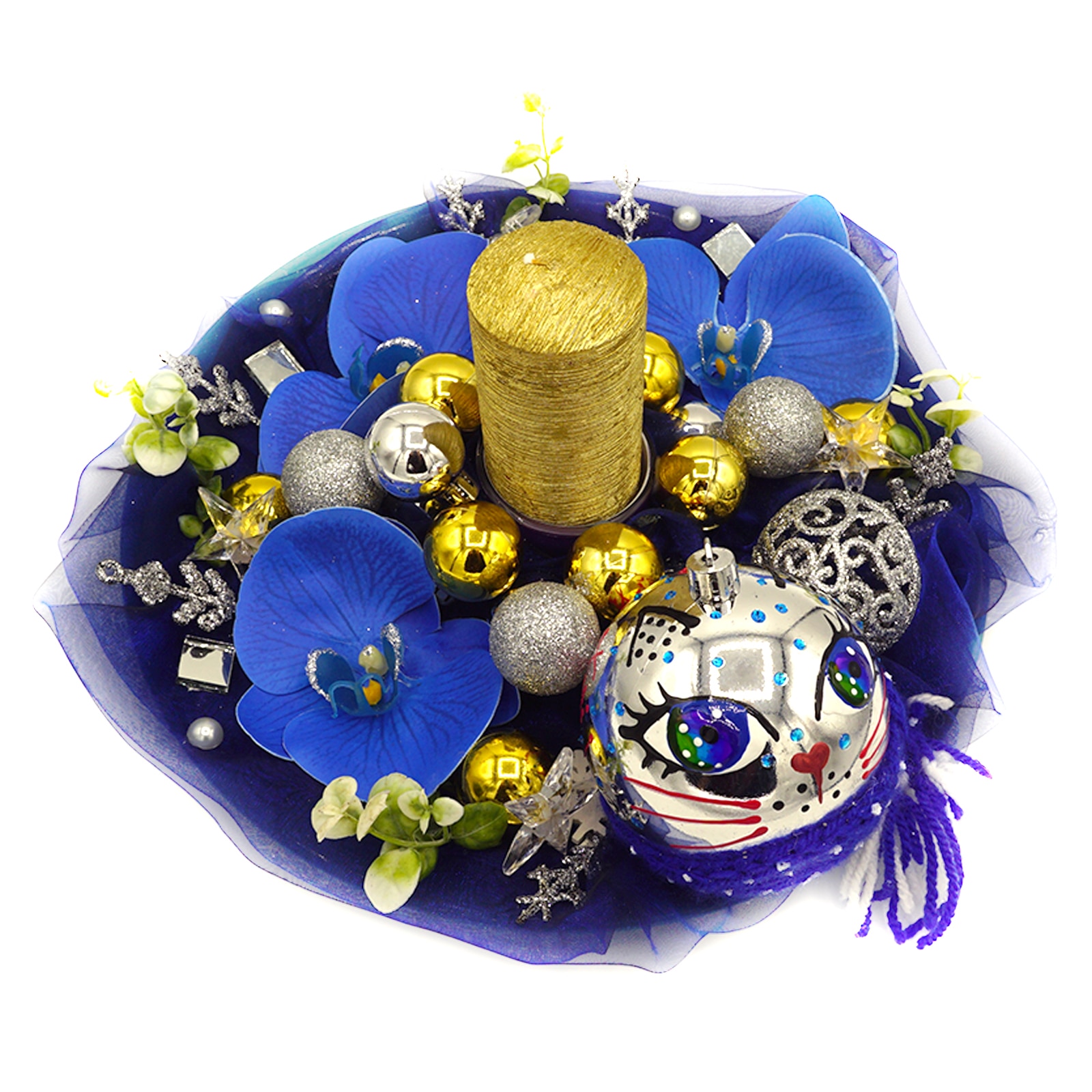 Aranjament de craciun cu glob pictat, orhidee si lumanare, Regalo - Seri de iarna, 28 cm