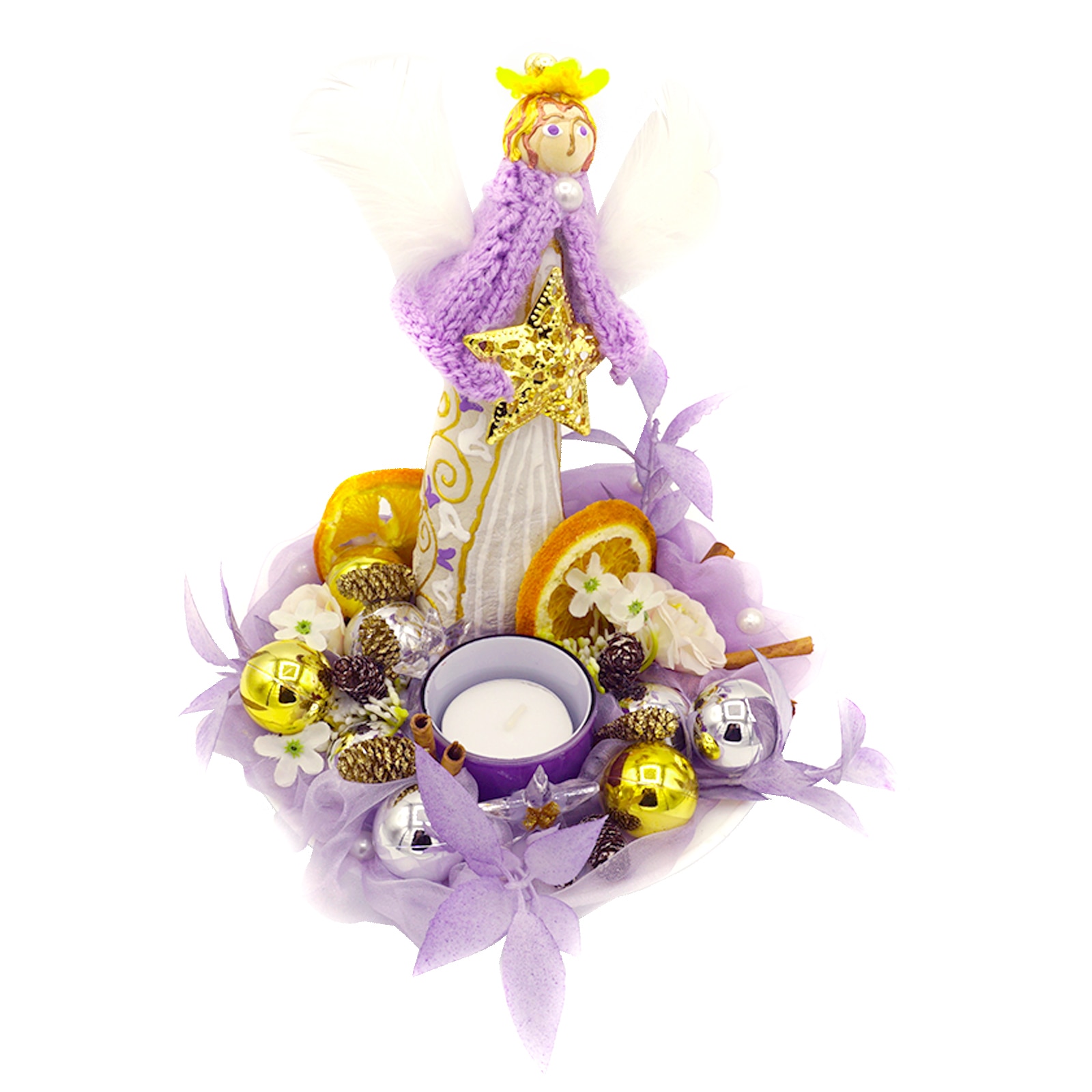 Aranjament de craciun lila, cu inger, lumanare si stea, Regalo, 20 cm