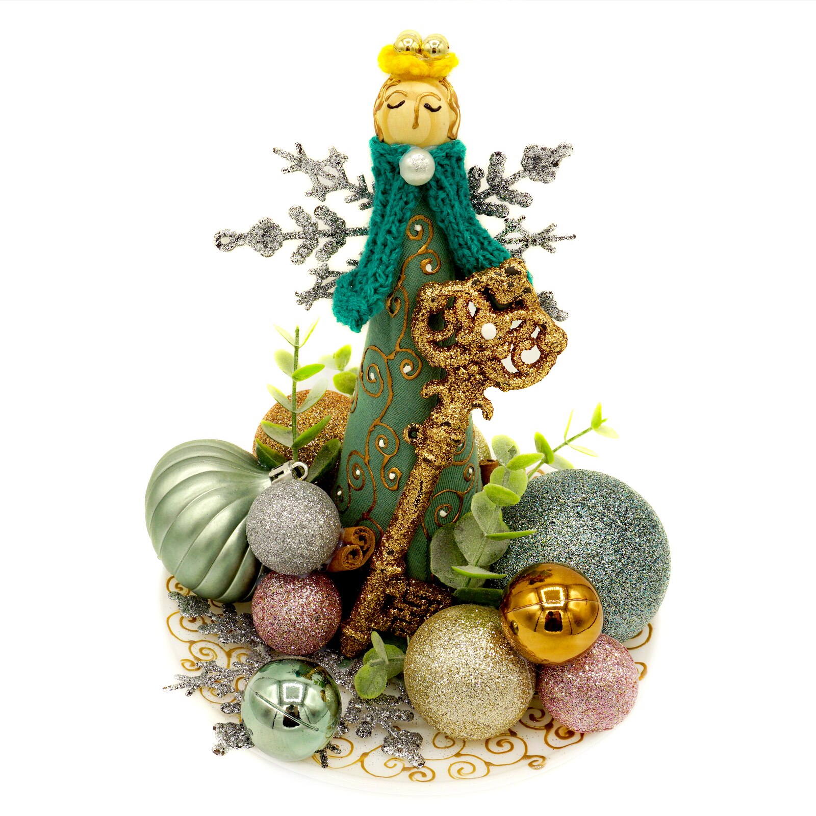 Aranjament de craciun verde, cu inger si globuri, Regalo, 20 cm