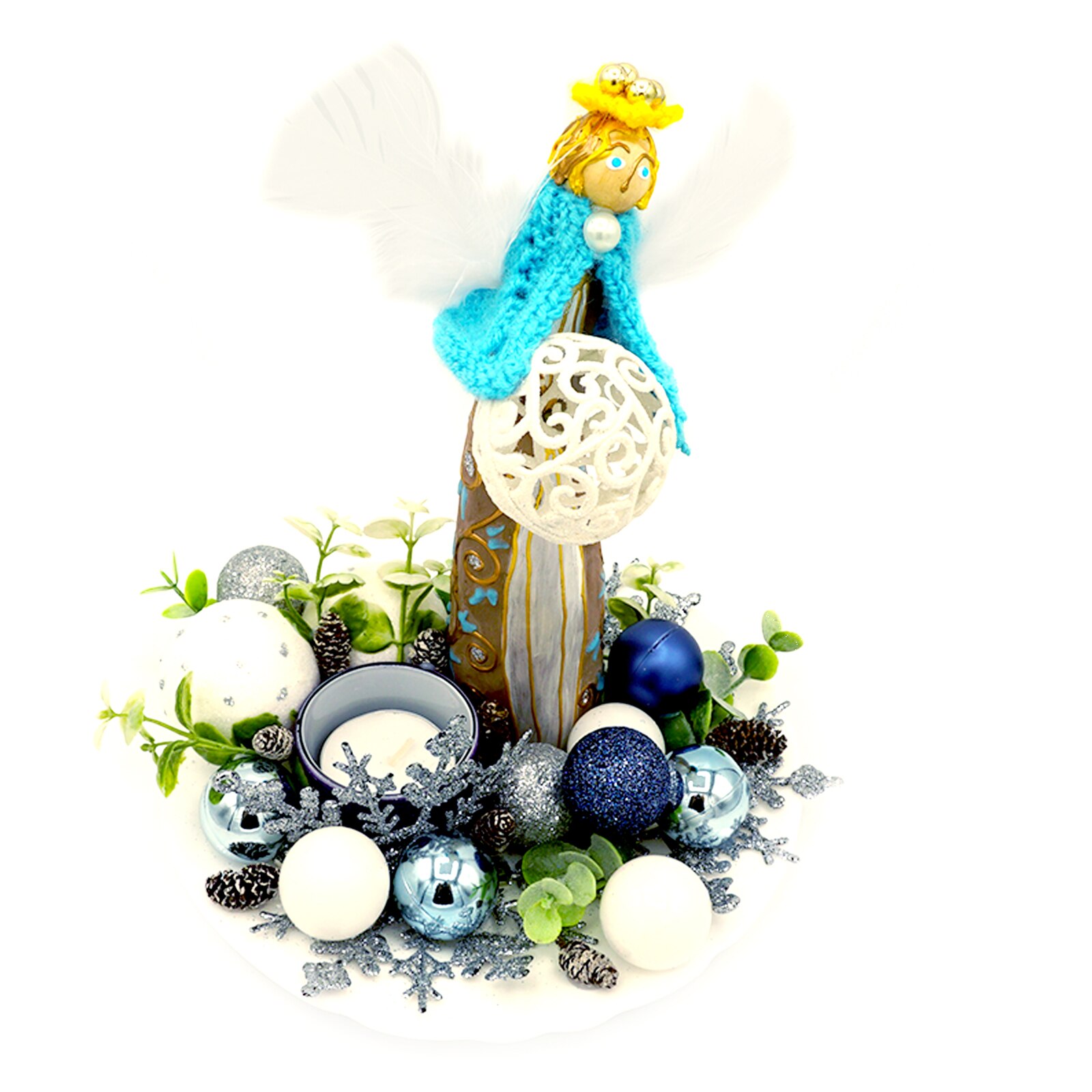 Aranjament de craciun bleu, cu inger, globuri si lumanare, Regalo, 20 cm