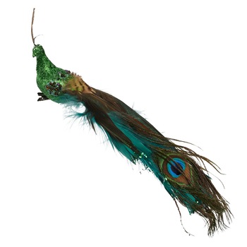Decoratiune Craciun Paun din pene naturale cu gliter, Verde Decoratiune Craciun Paun din pene naturale cu gliter, Verde