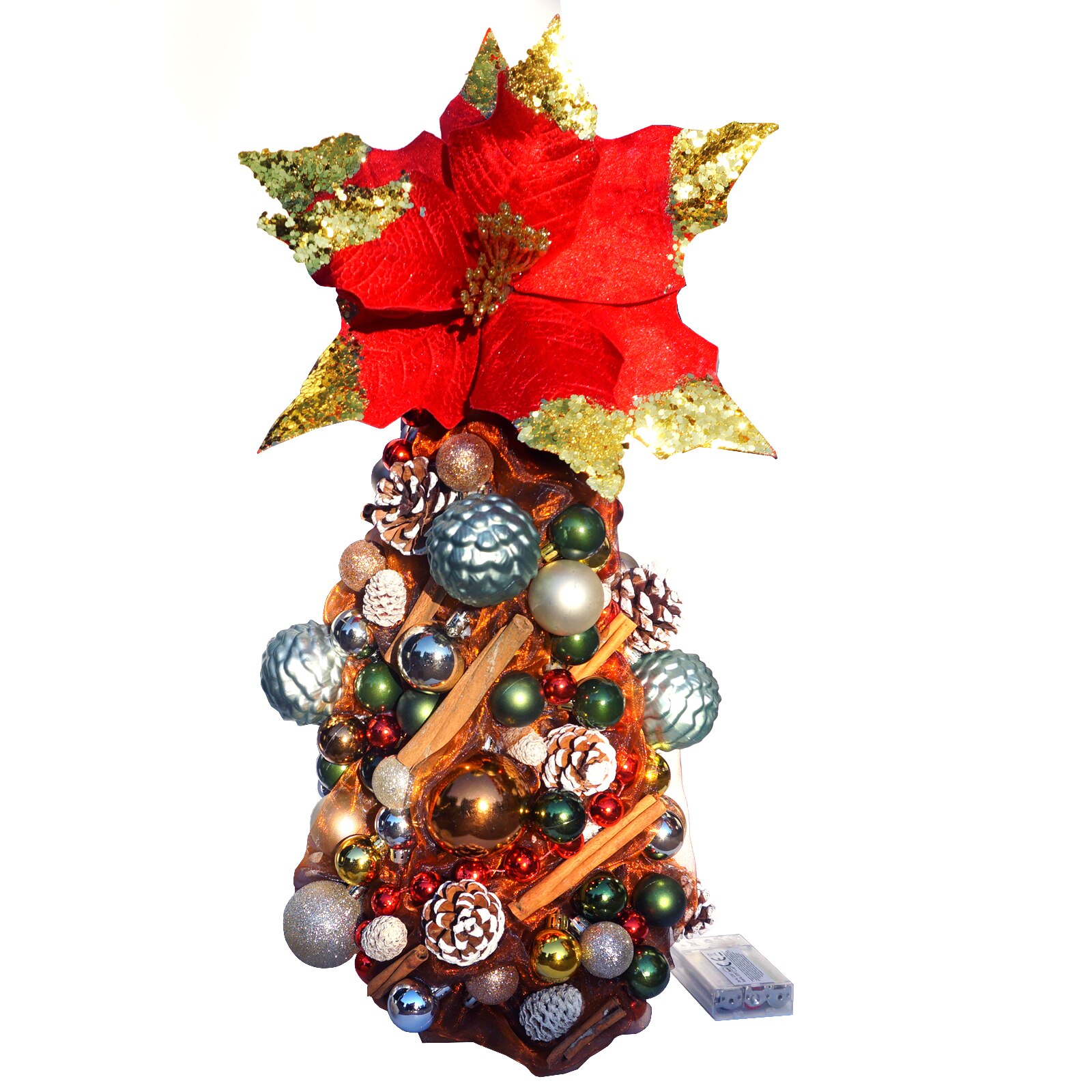 Brad de craciun impodobit cu craciunita rosie, globuri, conuri, scortisoara si 40 de leduri, Regalo - Sporul casei, 50 cm