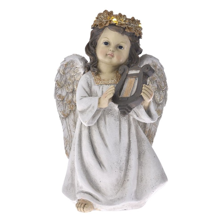 Ingeras crem/gold din rasina cu lumini, 14,5x14x32,5 cm