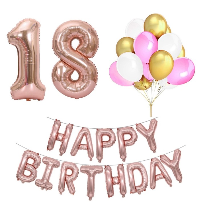 Балони It's Party Time, За възрастни, 18 години, Цифри, Розово златисти, 1 метър, Комплект от 30
