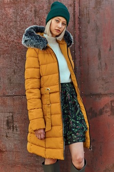 Top Secret, Geaca matlasata cu vatelina si garnitura din blana sintetica, Galben mustar, XS Top Secret, Geaca matlasata cu vatelina si garnitura din blana sintetica, Galben mustar, XS