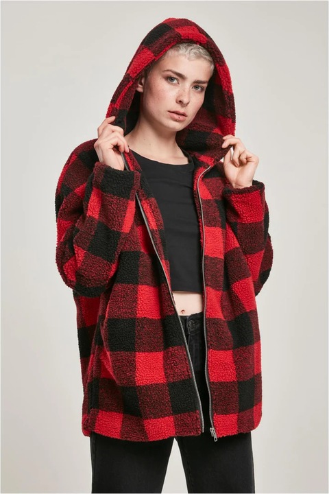 Urban Classics, Jacheta cu gluga si model in carouri, Rosu/Negru, L