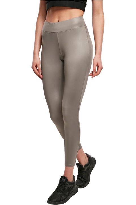 Urban Classics, Colanti crop cu talie inalta si aspect lucios, Gri