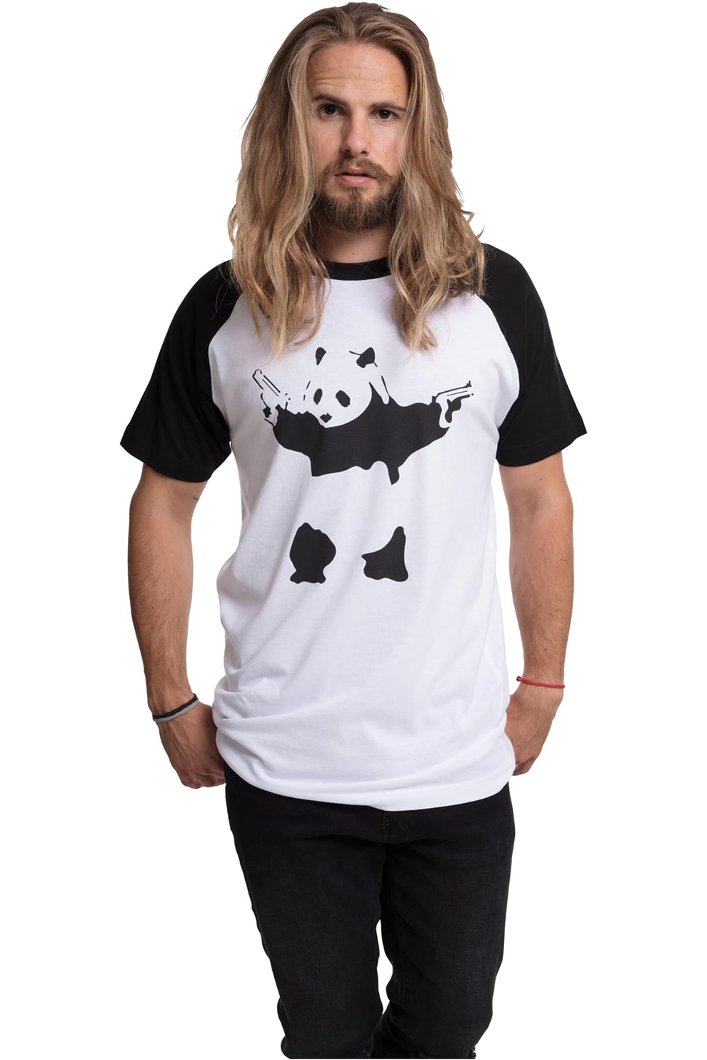 Merchcode, Tricou cu imprimeu Panda, Alb, Negru, L