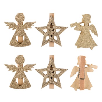 Clestisori decorativi, Zola, pentru Craciun, ingeri si stelute, glitter auriu, 6bucati Clestisori decorativi, Zola, pentru Craciun, ingeri si stelute, glitter auriu, 6bucati