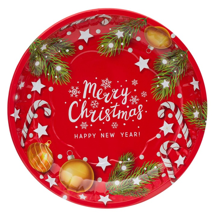 Farfurie Decorativa de Craciun, New Line, Metal, model cu Acadele si Mesaj, 26 cm, Rosu