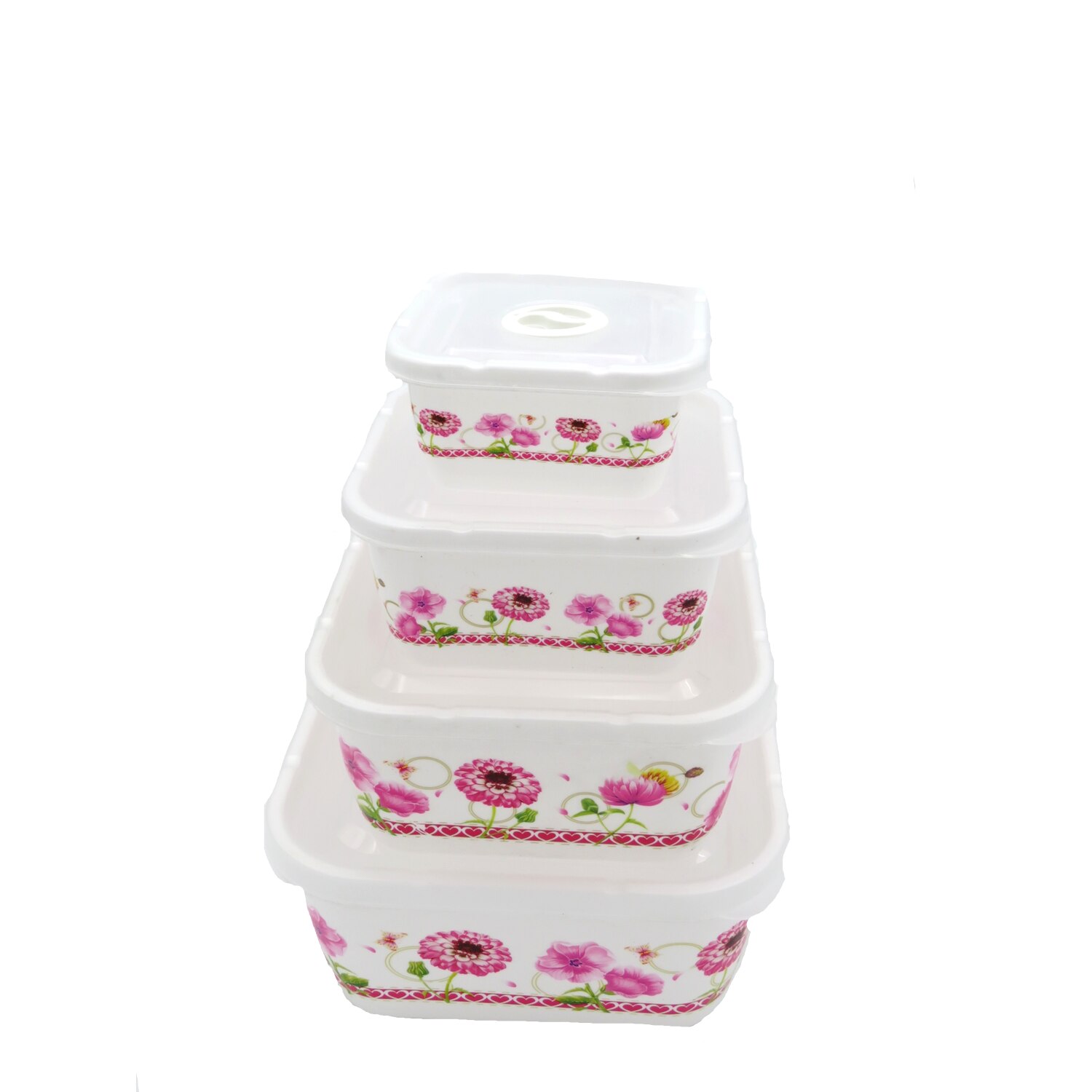 Set 4 boluri plastic, cu capac, model patrat floral roz