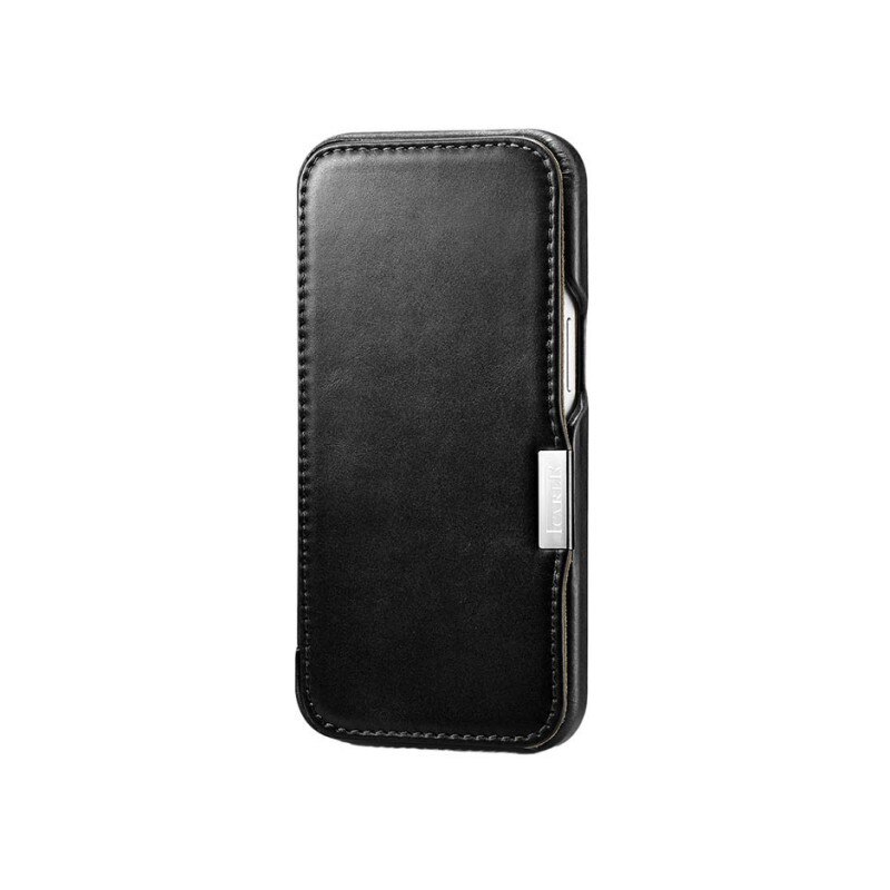 Husa Premium Tip Carte iCarer Metal Clip Vintage Folio, Pentru iPhone 13, Piele Naturala, Negru - 9412