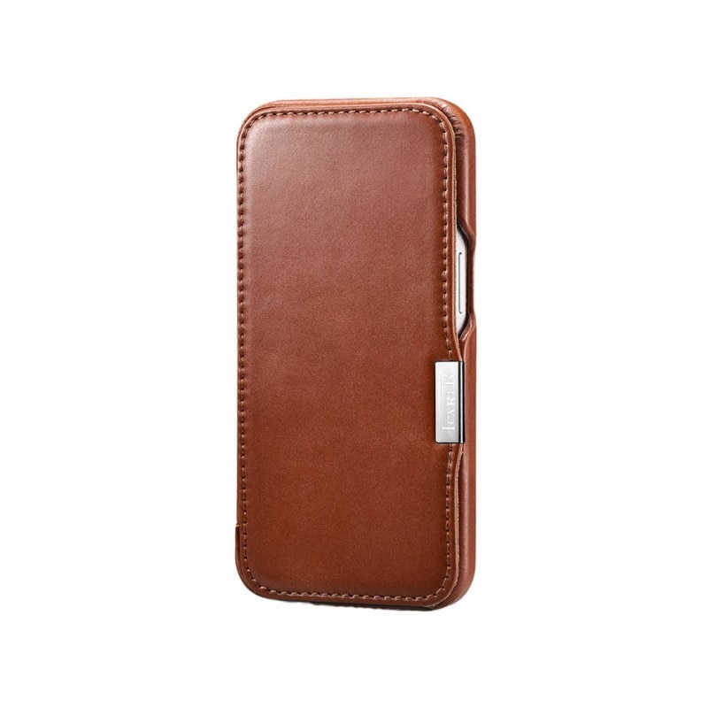 Husa Premium Tip Carte iCarer Metal Clip Vintage Folio, Pentru iPhone 13 Mini, Piele Naturala, Maro - 9399