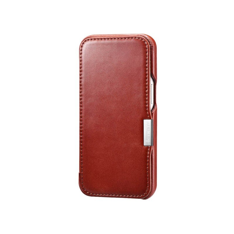 Husa Premium Tip Carte iCarer Metal Clip Vintage Folio, Pentru iPhone 13, Piele Naturala, Rosu - 9436