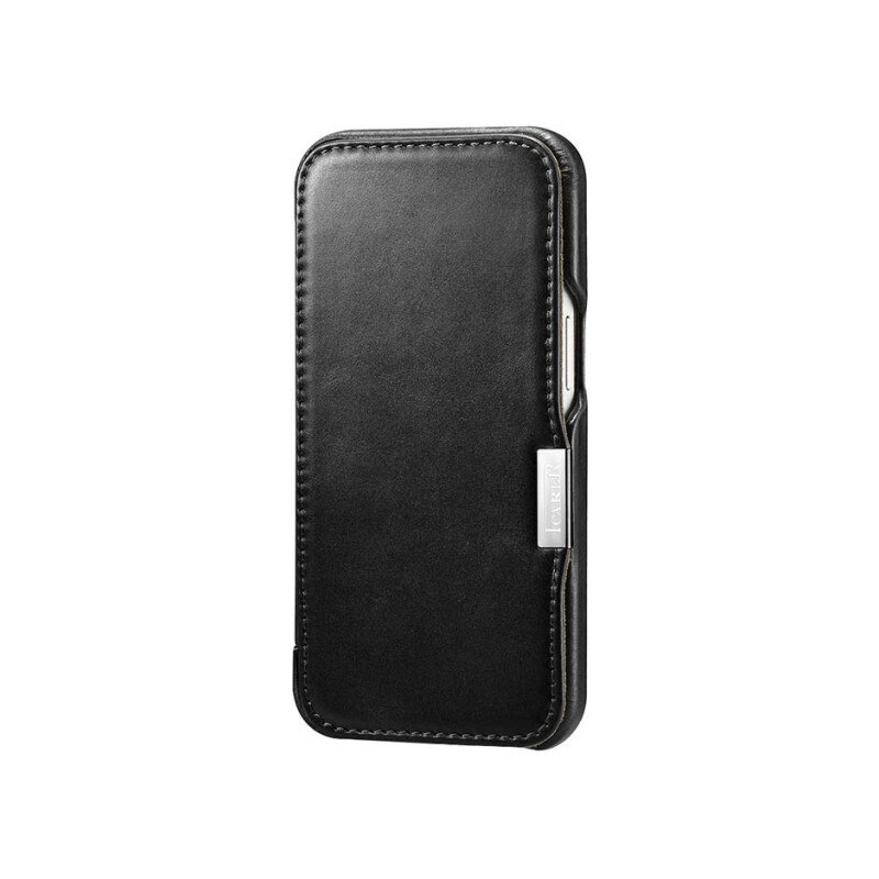 Husa Premium Tip Carte iCarer Metal Clip Vintage Folio, Pentru iPhone 13 Pro Max, Piele Naturala, Negru - 9467