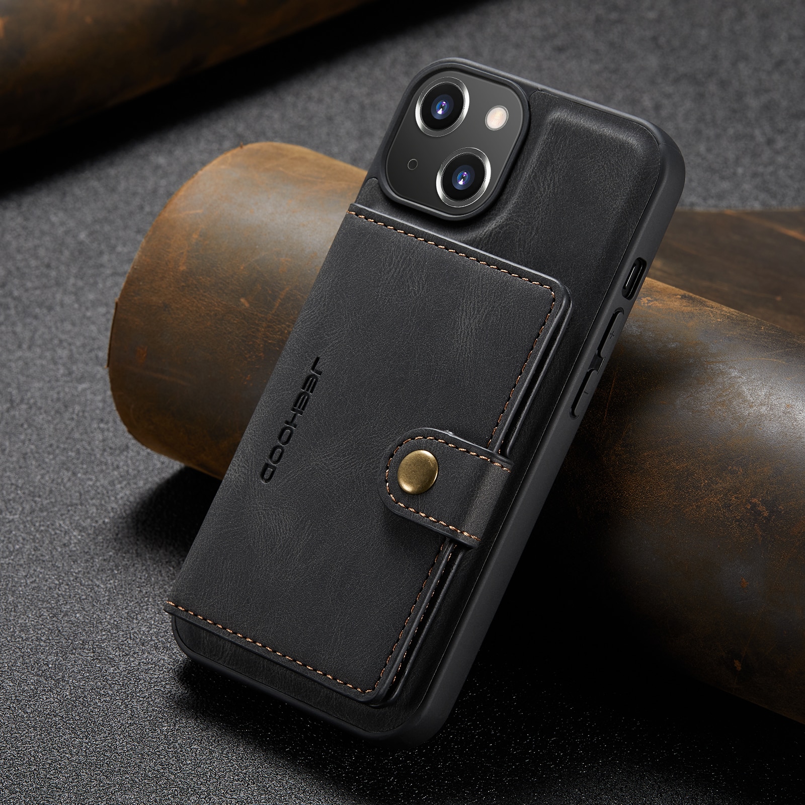 Husa pentru iPhone 14 Plus, piele cu textura moale, back cover, mini portofel detasabil, CaseMe, Negru