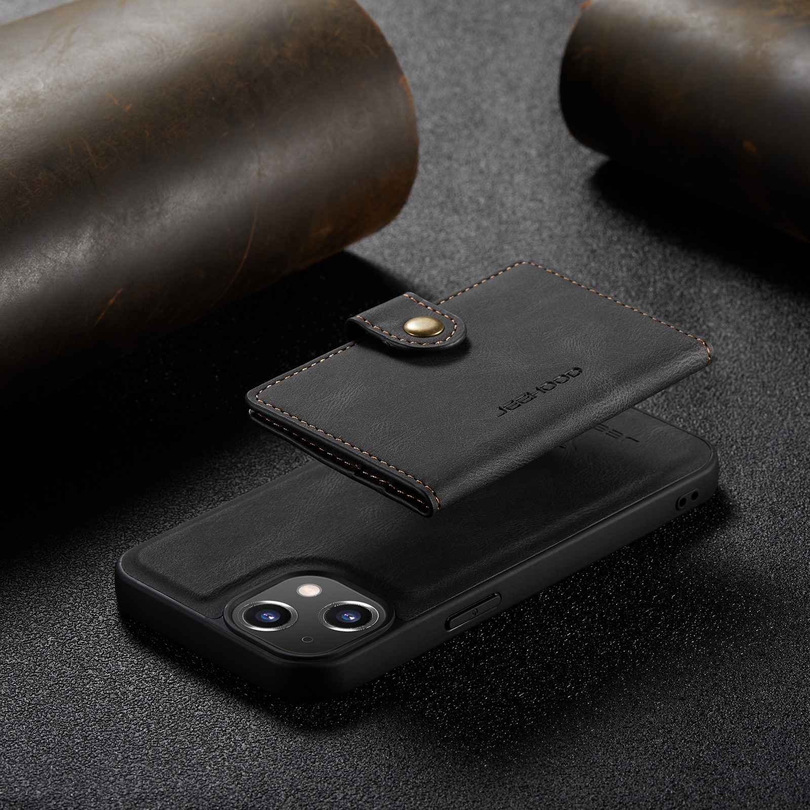 Husa pentru iPhone 14 Plus, piele cu textura moale, back cover, mini portofel detasabil, CaseMe, Negru