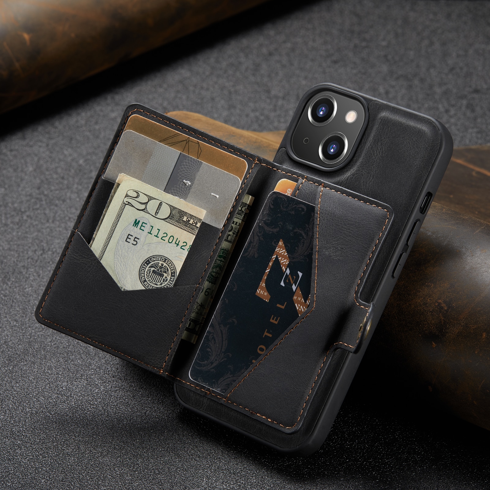 Husa pentru iPhone 14 Plus, piele cu textura moale, back cover, mini portofel detasabil, CaseMe, Negru