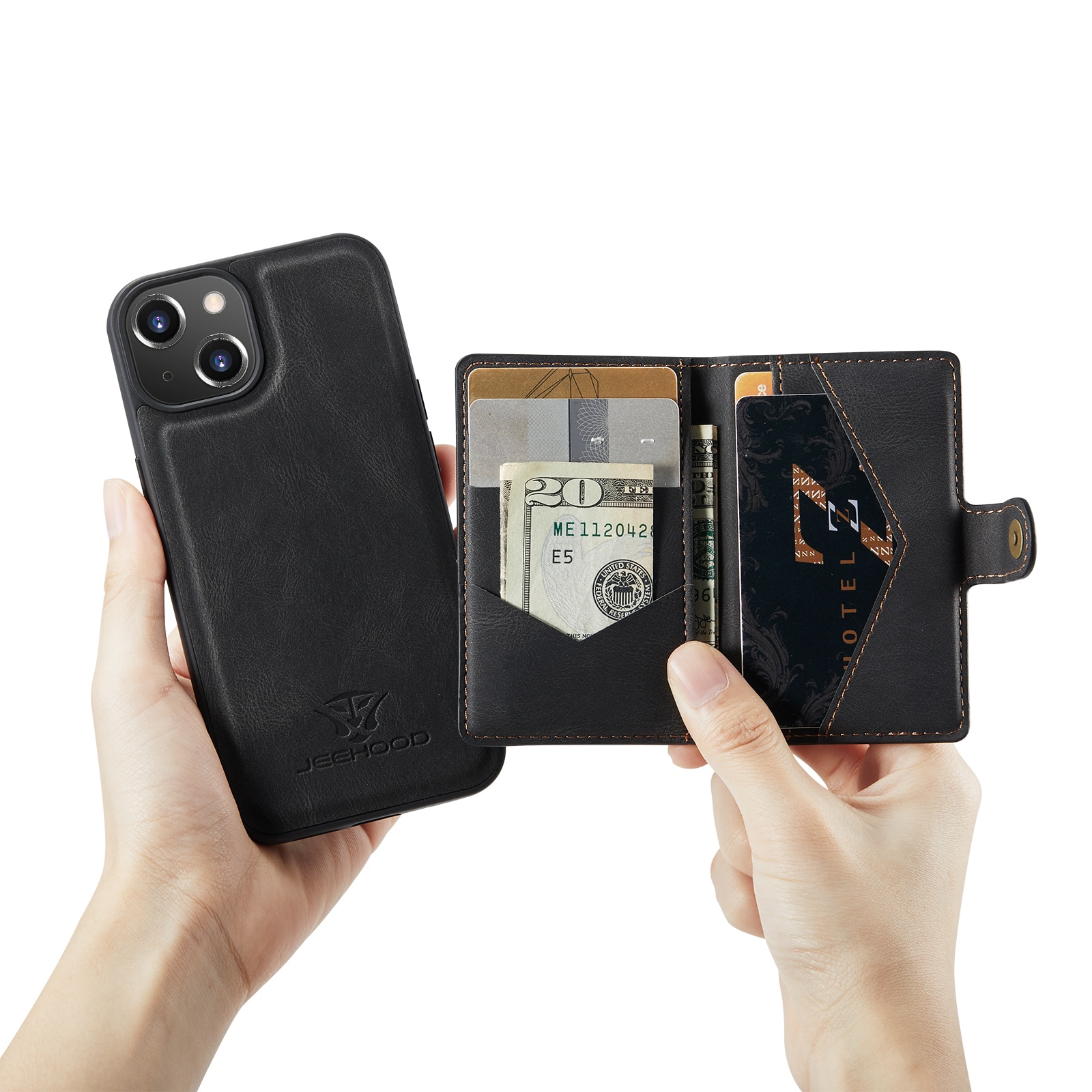 Husa pentru iPhone 14 Plus, piele cu textura moale, back cover, mini portofel detasabil, CaseMe, Negru