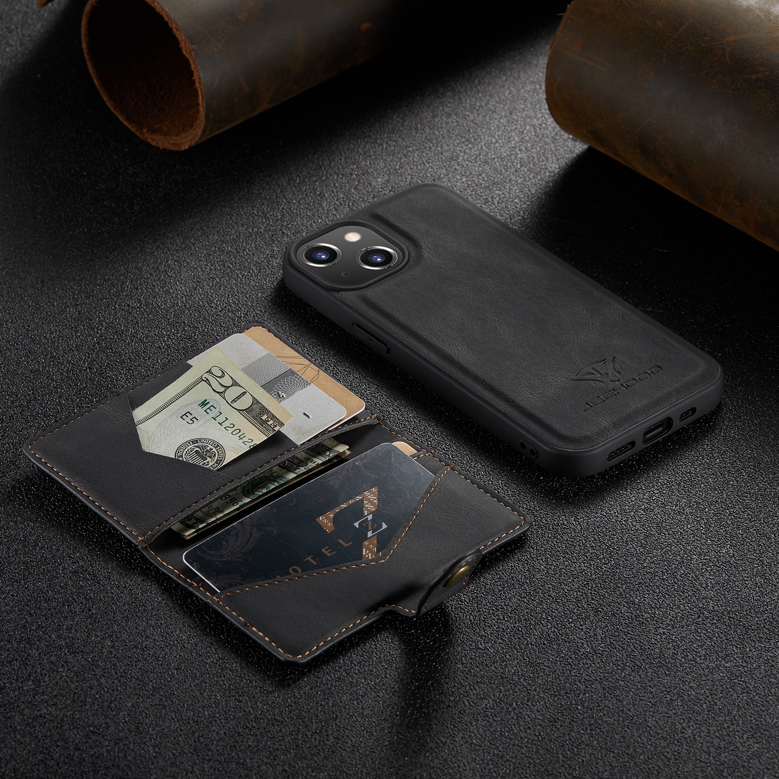 Husa pentru iPhone 14 Plus, piele cu textura moale, back cover, mini portofel detasabil, CaseMe, Negru