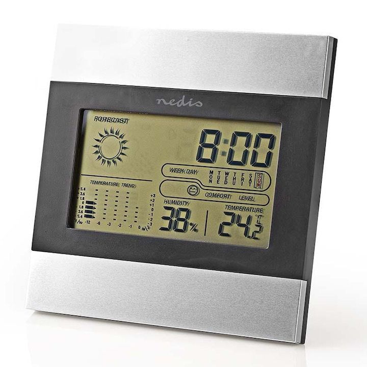 Nedis Asztali időjárás állomás, digitális óra és hőmérő, páratartalom mérő, (WEST102GY)